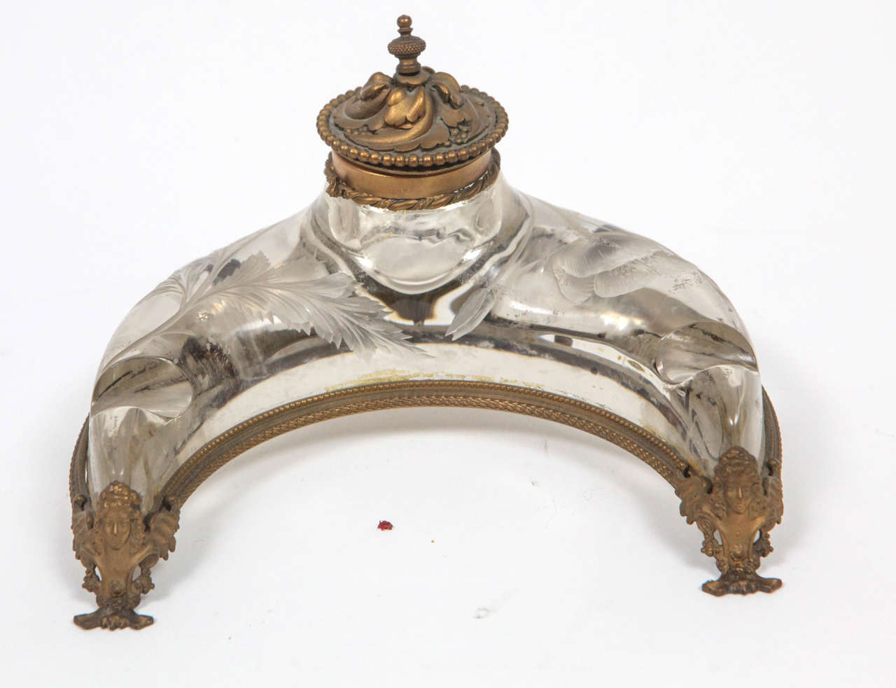 19th century French etched crystal and doré bronze inkwell with bronze carved detail.