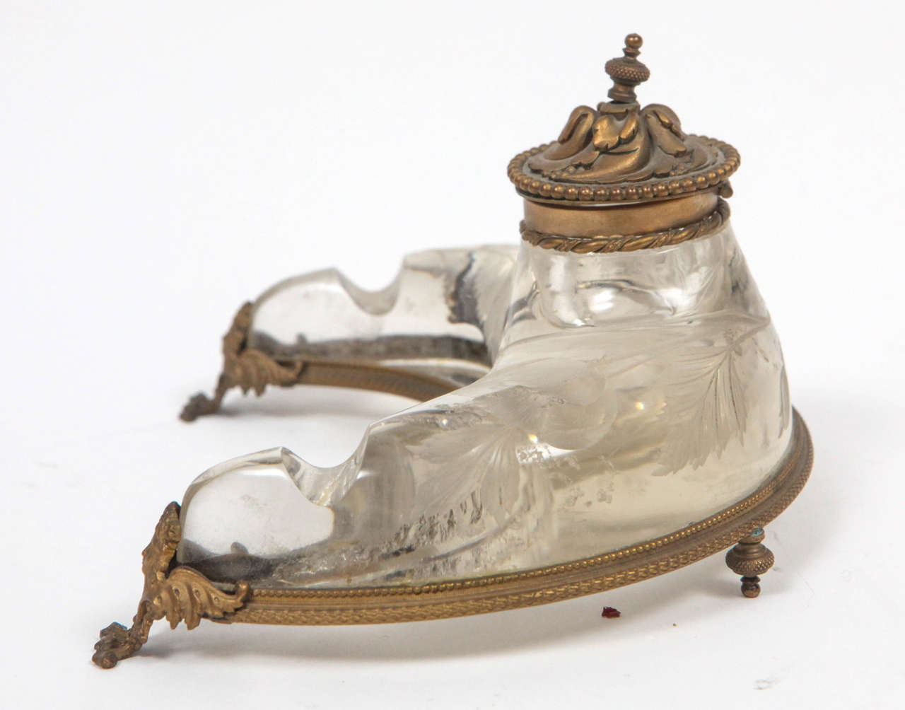 19th Century French Crystal and Doré Bronze Inkwell In Good Condition For Sale In Los Angeles, CA