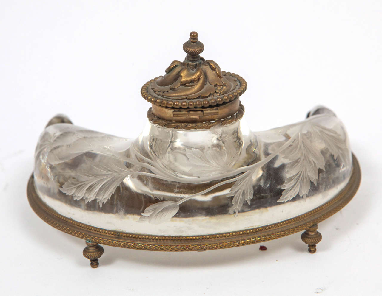 19th Century French Crystal and Doré Bronze Inkwell For Sale 1