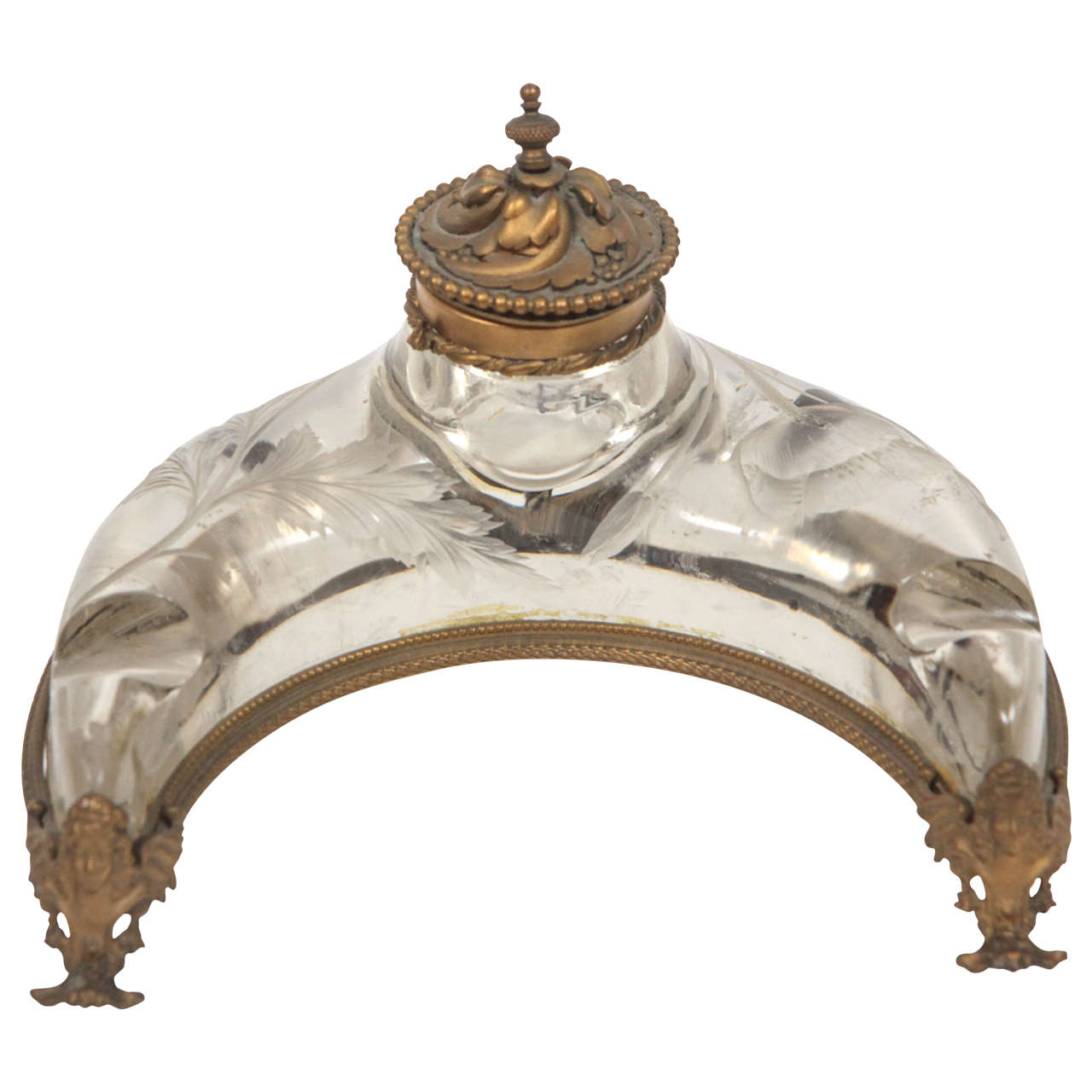 19th Century French Crystal and Doré Bronze Inkwell For Sale
