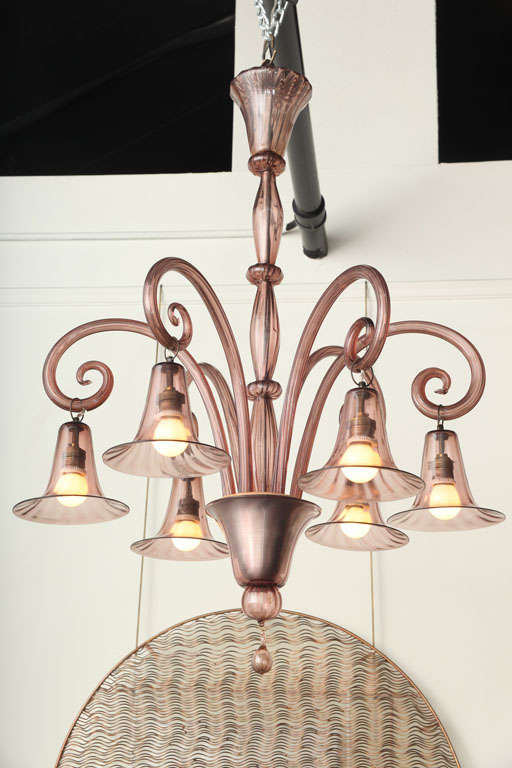 STUNNING LILAC 6 ARM CHANDELIER MADE IN VENICE 1930 BY SALVIATI, EXQUISITE DETAIL IN EACH PIECE OF BLOWN GLASS.