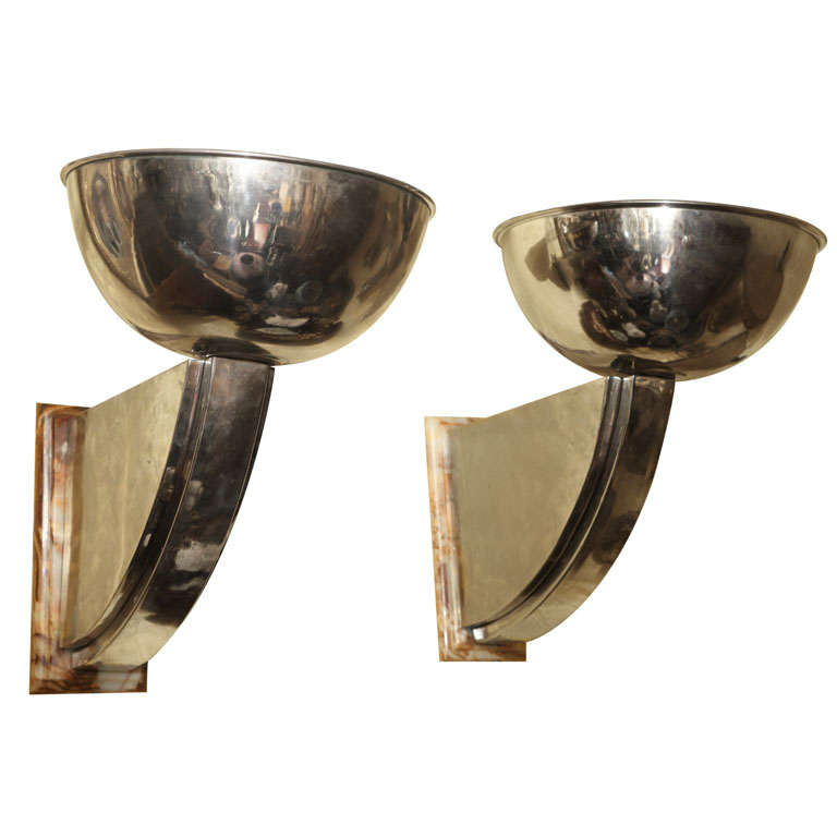Pair of Mid-Century / Art Deco Chrome and Marble Sconces
