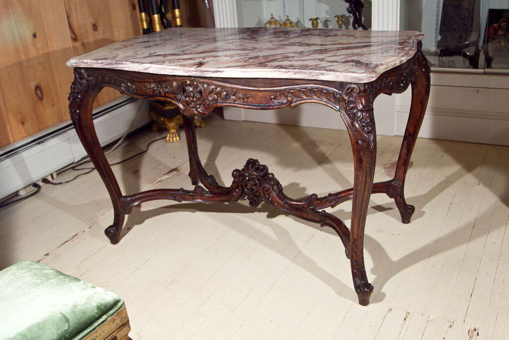 Carved Walnut Serpentine Shaped  Marble Topped Center Table