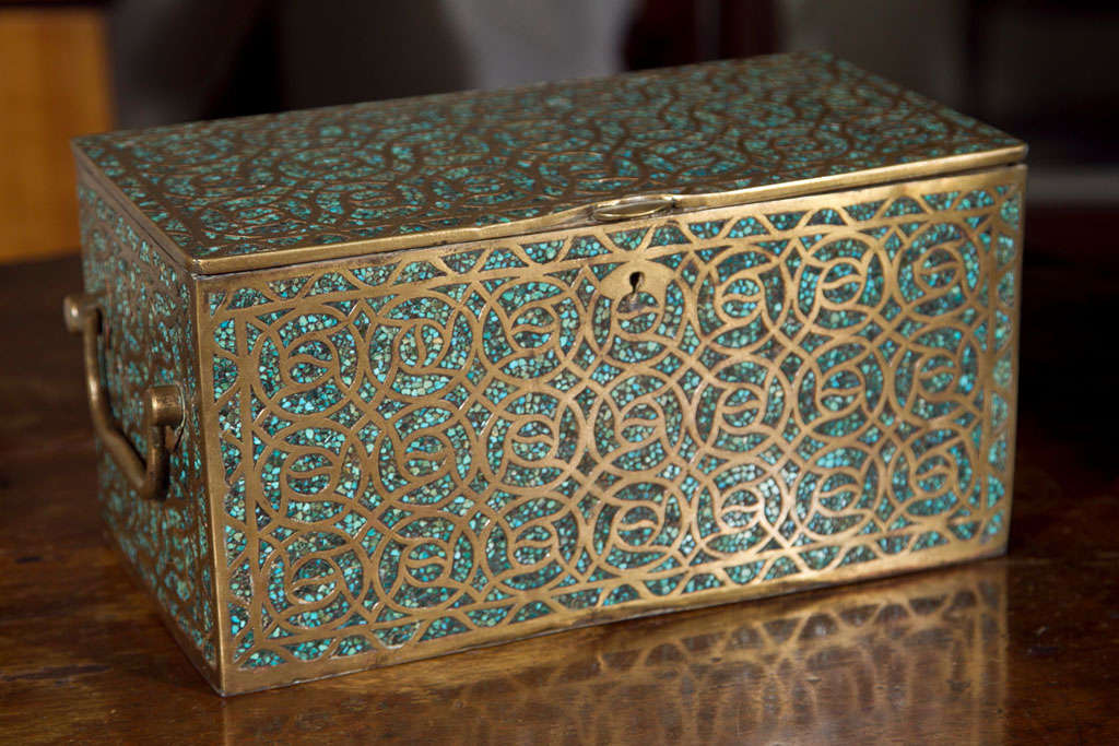 a  brass and  mosaic inlay  of turquoise coffer,  with interior  lift out lid.