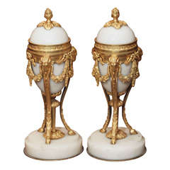 Antique PAIR OF LOUIS XVI WHITE MARBLE AND GILT BRONZE GARNITURE/CANDLE
