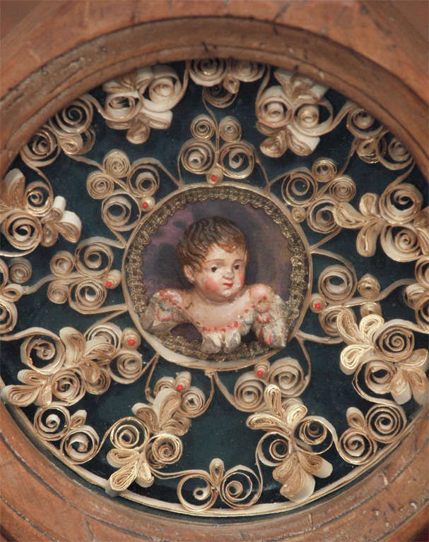 French PR OF SHADOWBOXES W/ ROLLED PAPER AND POLYCHROME PUTTI HEADS For Sale