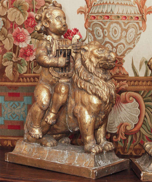 Pair Of Carved Gilt Wood Putto On Lion And Lionesse
