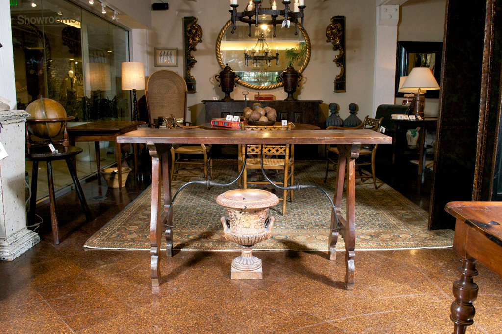 Narrow Spanish Walnut Trestle Table with Iron Stretcher
