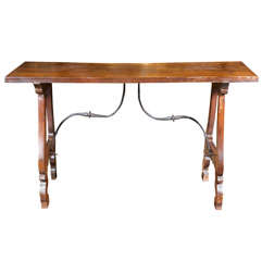 Narrow Spanish Walnut Trestle Table with Iron Stretcher