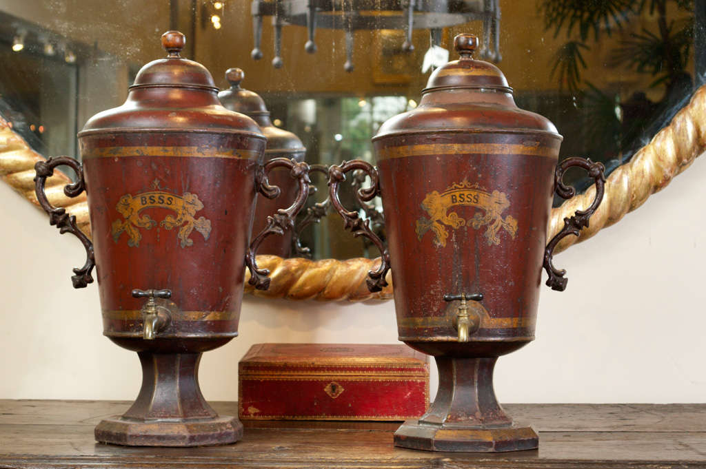 Pair of Red Painted Tole Cisterns, English circa 1880
with scrolling handles and labelled 