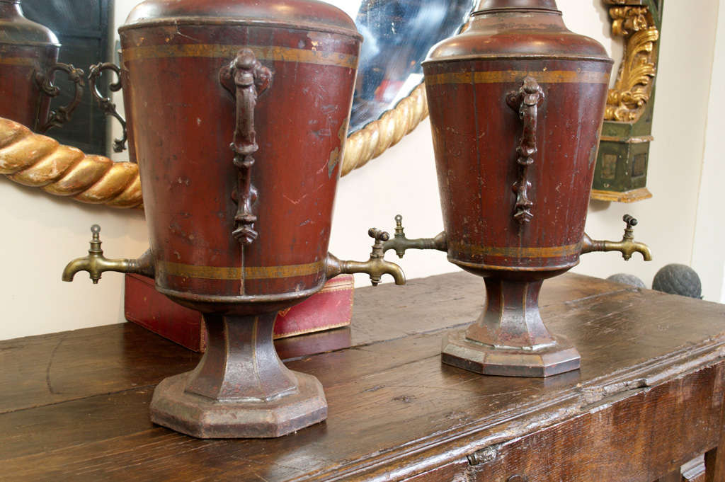 Pair of Red Painted Tole Cisterns, English circa 1880 1