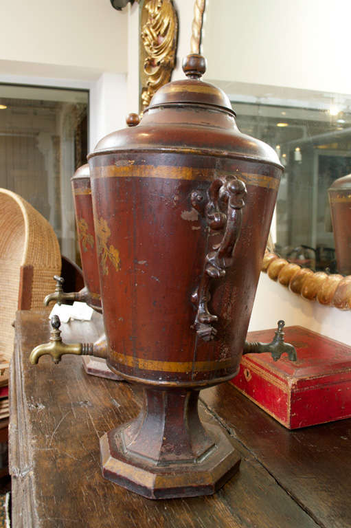 Pair of Red Painted Tole Cisterns, English circa 1880 3