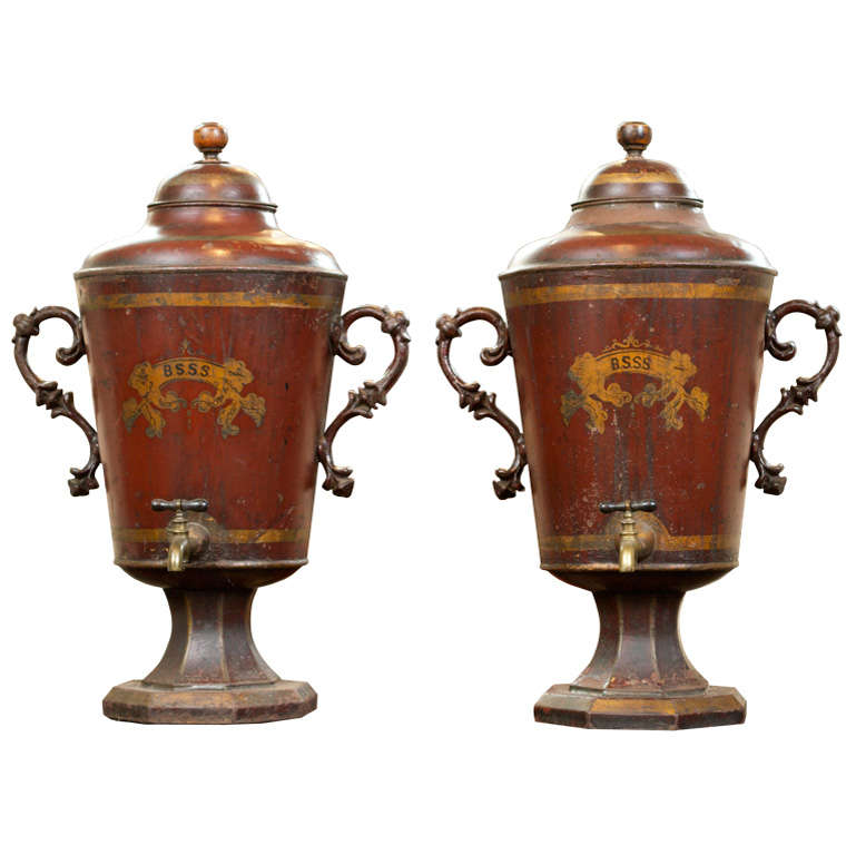 Pair of Red Painted Tole Cisterns, English circa 1880