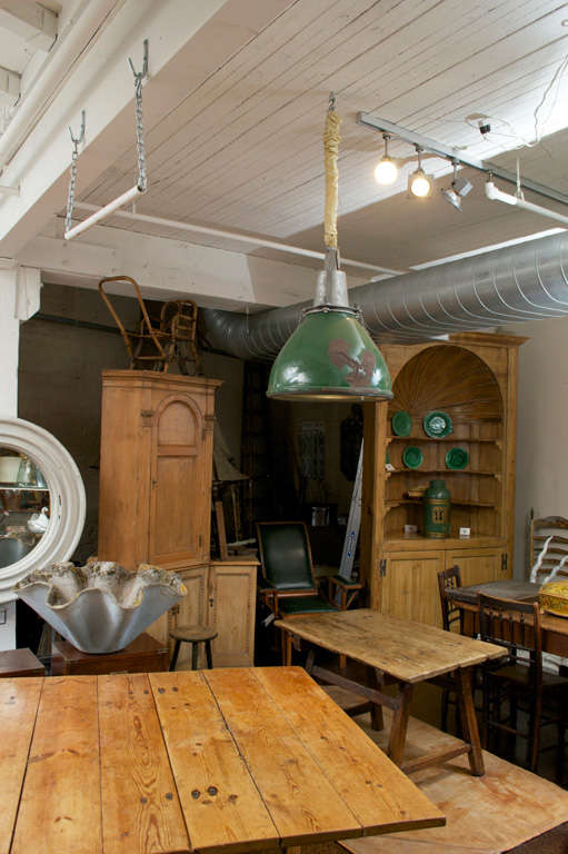 Green painted Industrial hanging lantern, English, circa 1900 recently re-wired.