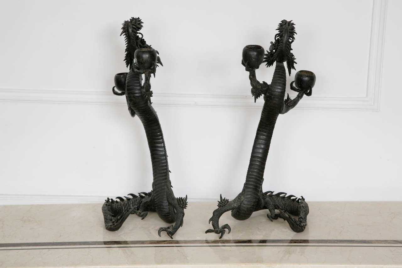 A Pair of Japanese Dragon Candle Sticks, in Bronze Maiji Period In Good Condition In London, GB