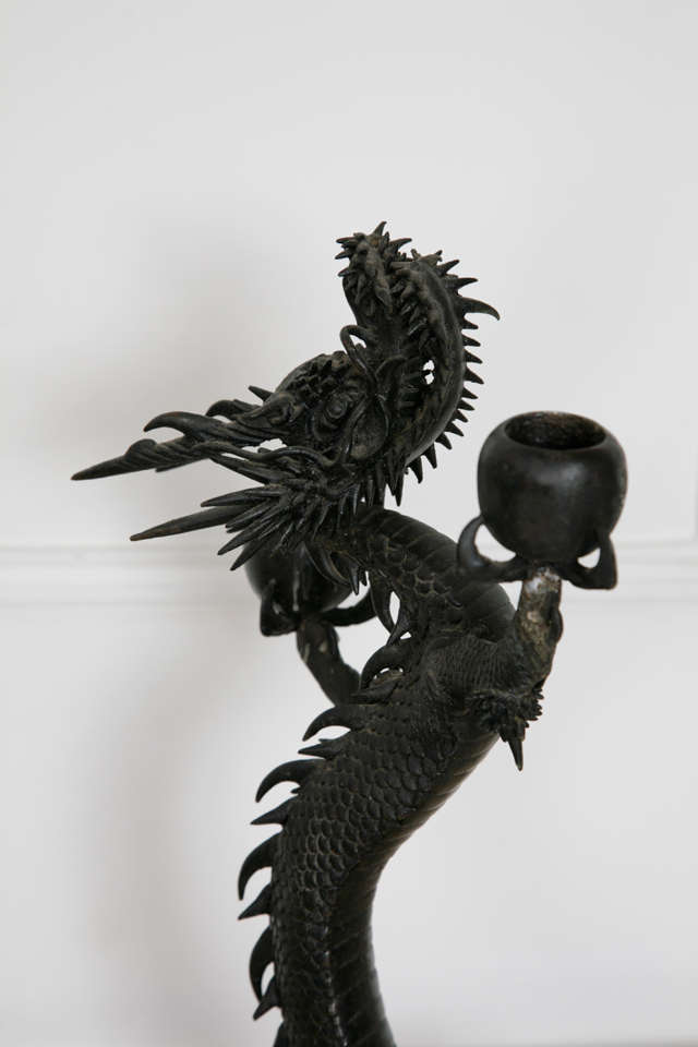 19th Century A Pair of Japanese Dragon Candle Sticks, in Bronze Maiji Period