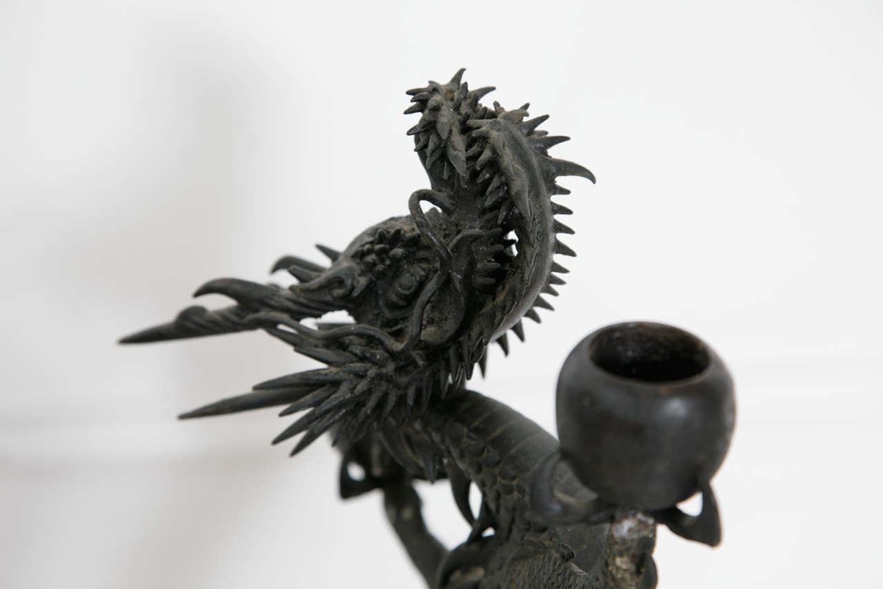 A Pair of Japanese Dragon Candle Sticks, in Bronze Maiji Period 3