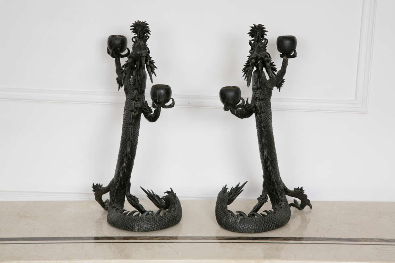 A Pair of Japanese Dragon Candle Sticks, in Bronze Maiji Period 4