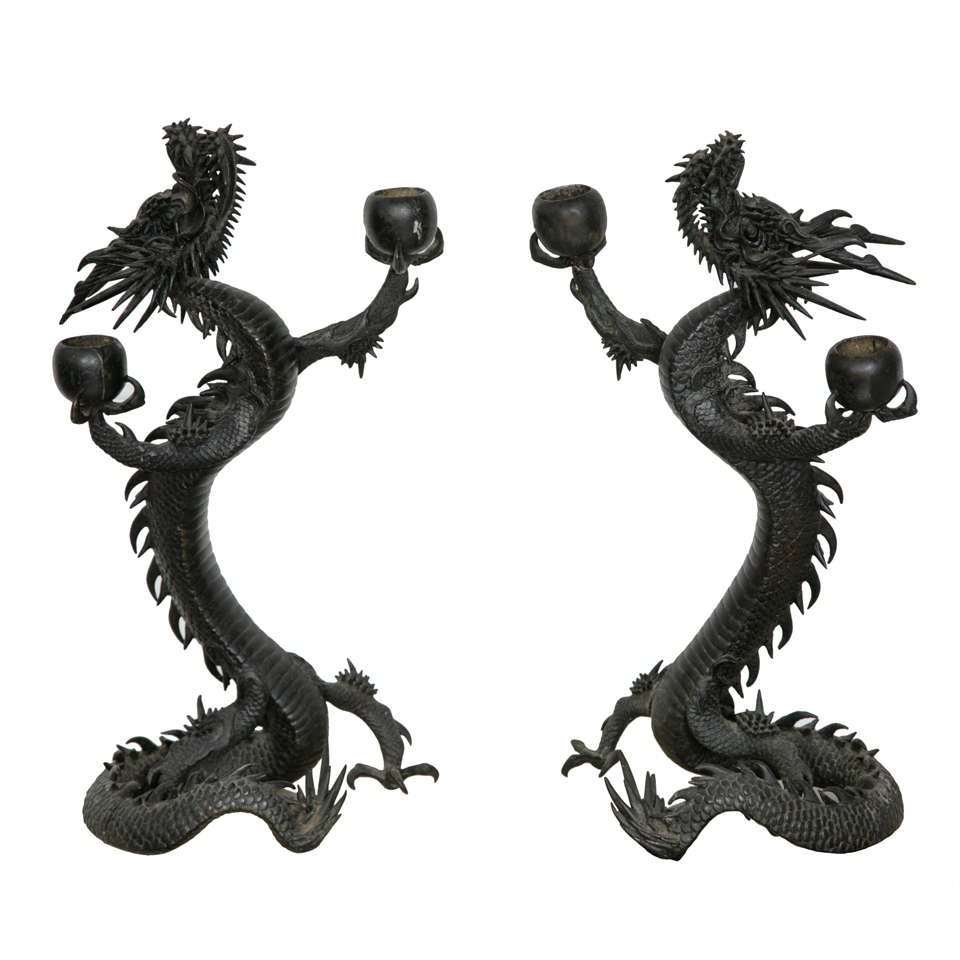 A Pair of Japanese Dragon Candle Sticks, in Bronze Maiji Period
