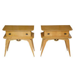 A pair of French 1950s bedside cabinets or nightstands in sycamore