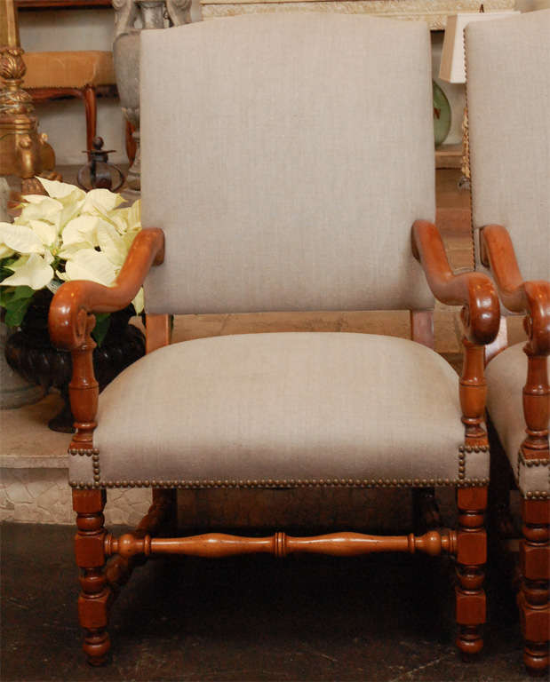 Pair of French open arm chairs.  In Excellent Condition For Sale In Los Angeles, CA