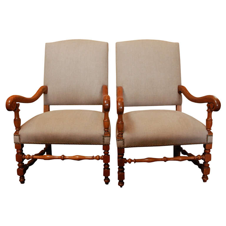 Pair of French open arm chairs.  For Sale