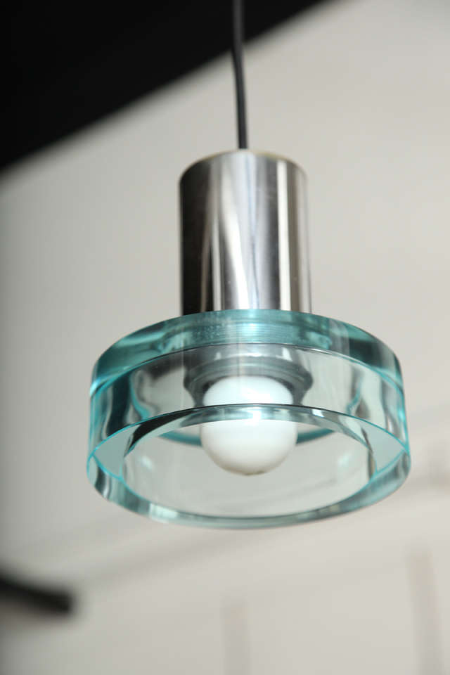 Small pendant light made in 1960 in Italy by Seguso company designed by Flavio Poli.
Beautiful aqua color blown glass shade. 
Great in a narrow hall or over a centre island in your kitchen.
 