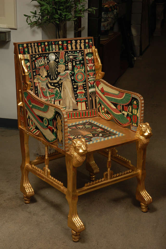 English Egyptian Revival Giltwood and Painted Bone Inlaid Armchair