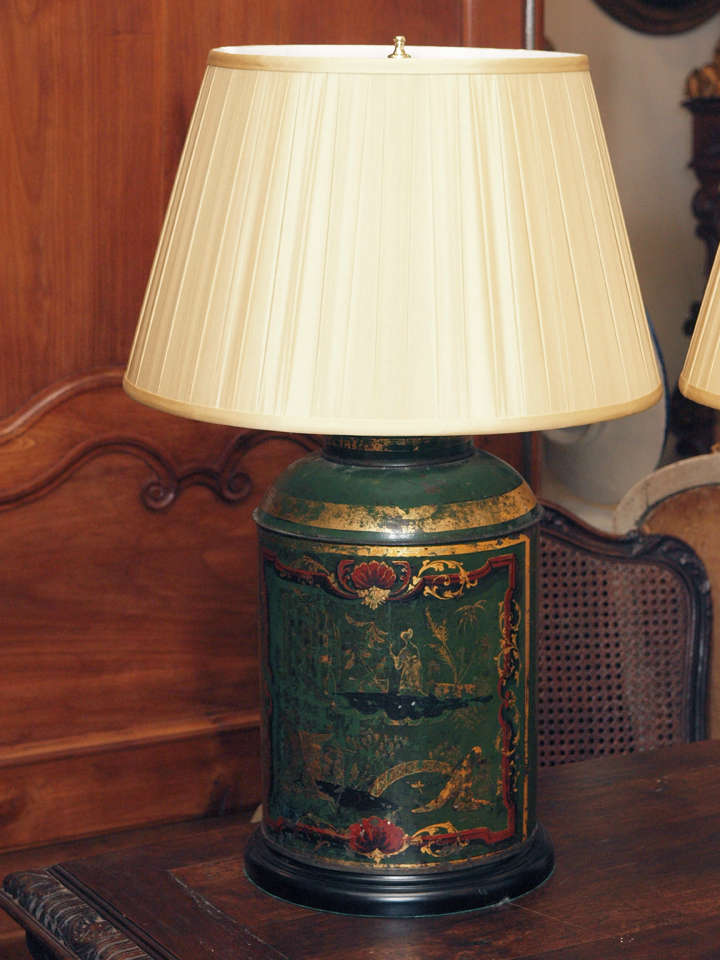 Pair of Exceptional French Tea Tins Now Wired as Lamps In Excellent Condition In Natchez, MS