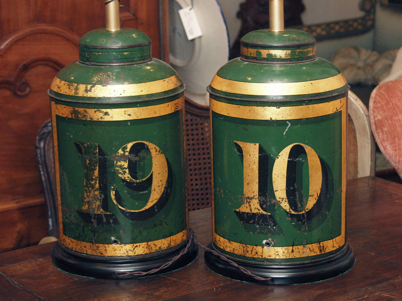 Pair of Exceptional French Tea Tins Now Wired as Lamps 3