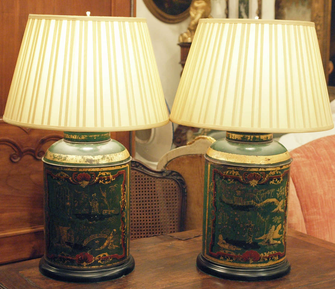 Pair of Exceptional French Tea Tins Now Wired as Lamps 4