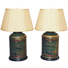 Pair of Exceptional French Tea Tins Now Wired as Lamps
