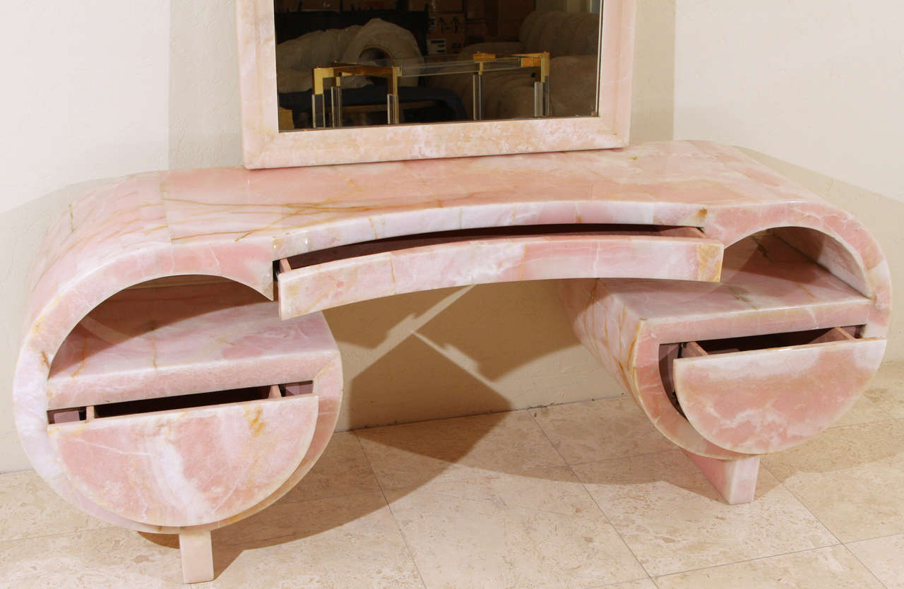 Lucite Stunning Art Deco Pink Marble Vanity and Mirror