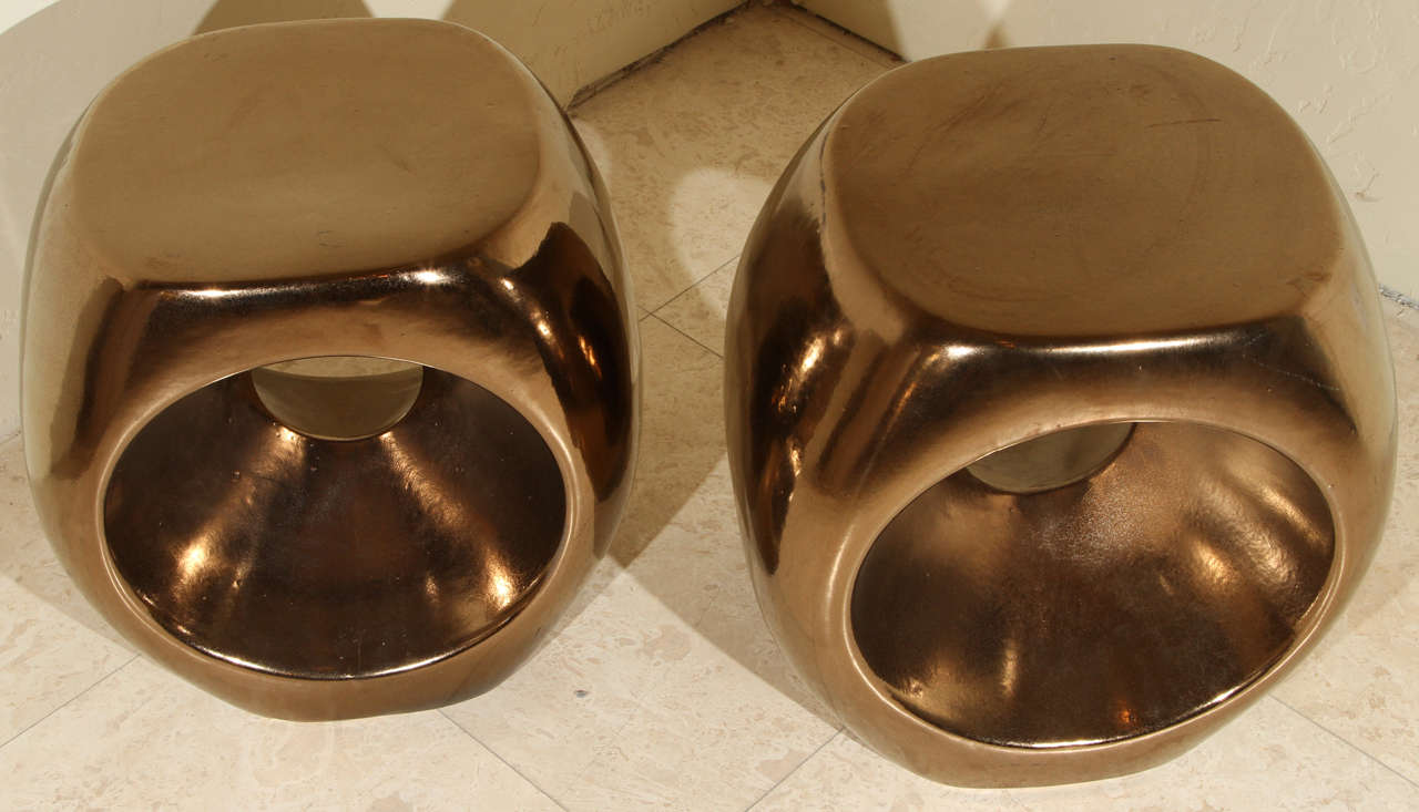 Fabulous Pair of Metallic Glazed Stools / Side Tables at 1stdibs