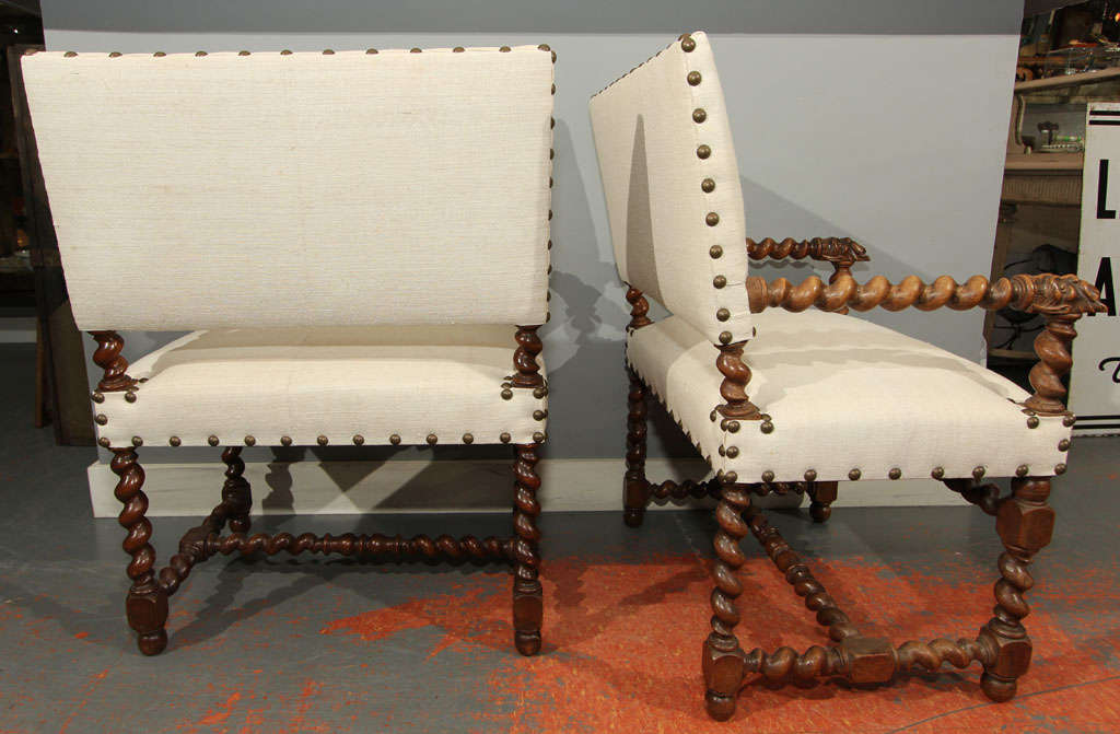 pair linen twist arm chairs