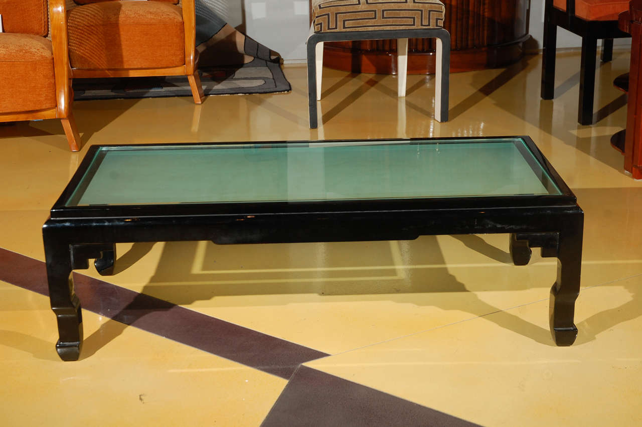Art Deco black lacquered coffee table with sandblasted glass (glass new)