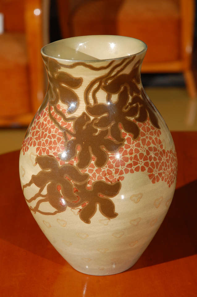 Rare,late 19th Century, Zsolnay, yellow, orange & taupe floral ceramic vase.