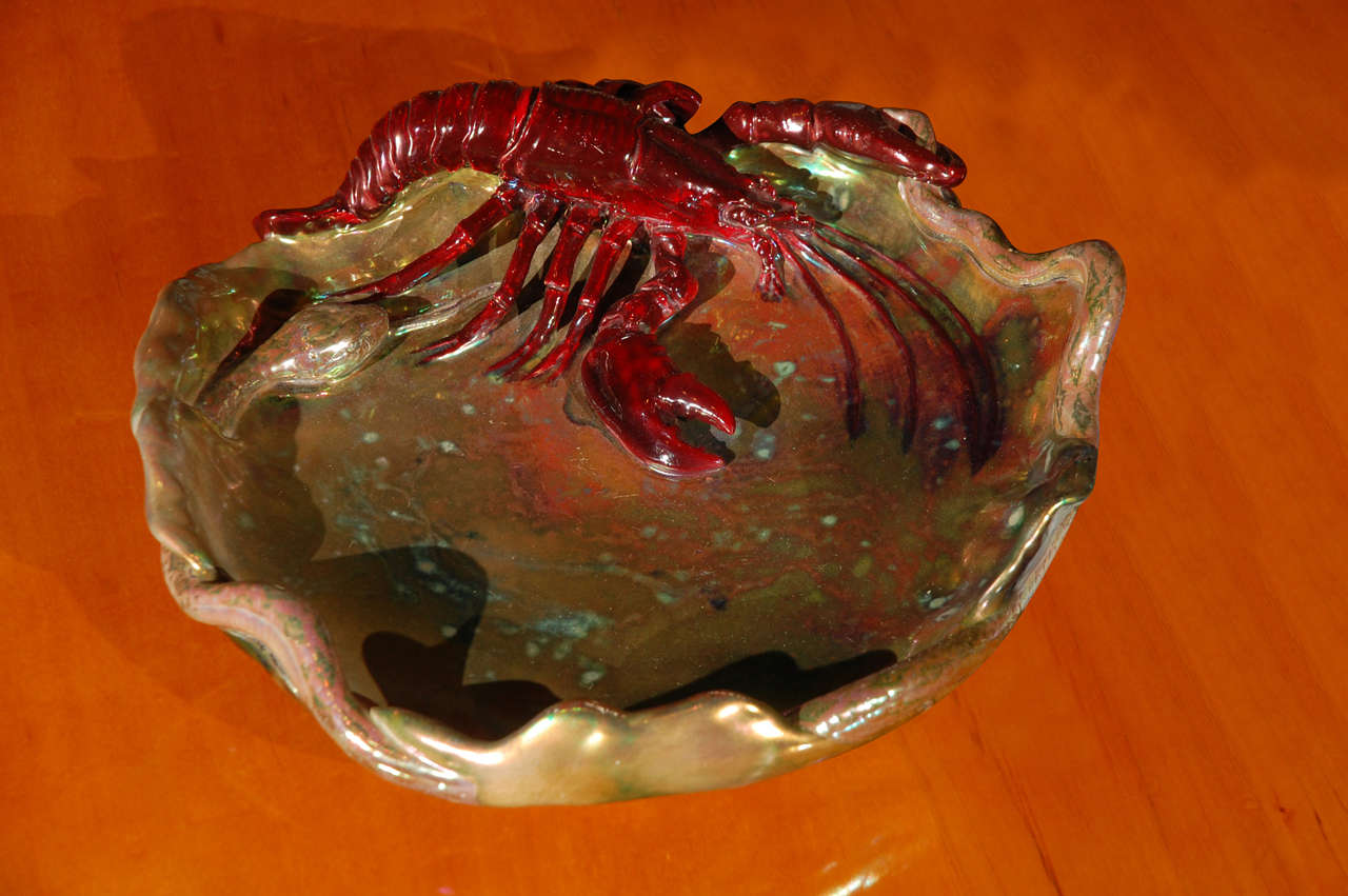 Rare green eozine glazed platter with red glazed lobster decoration, by Zsolnay factory.
