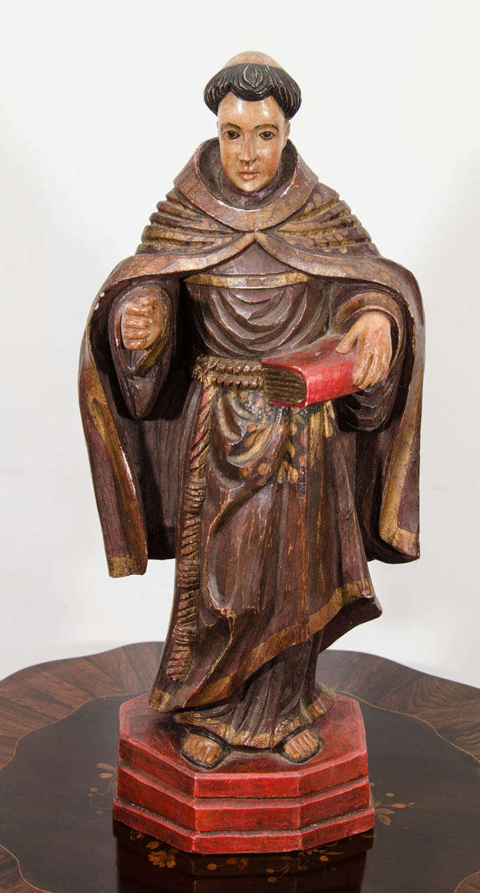 Antique Polychrome Carved Wood Monk Saint