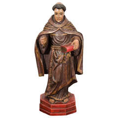 Antique Polychrome Carved Wood Monk Saint