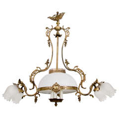 French Brass and White Opaline Chandelier