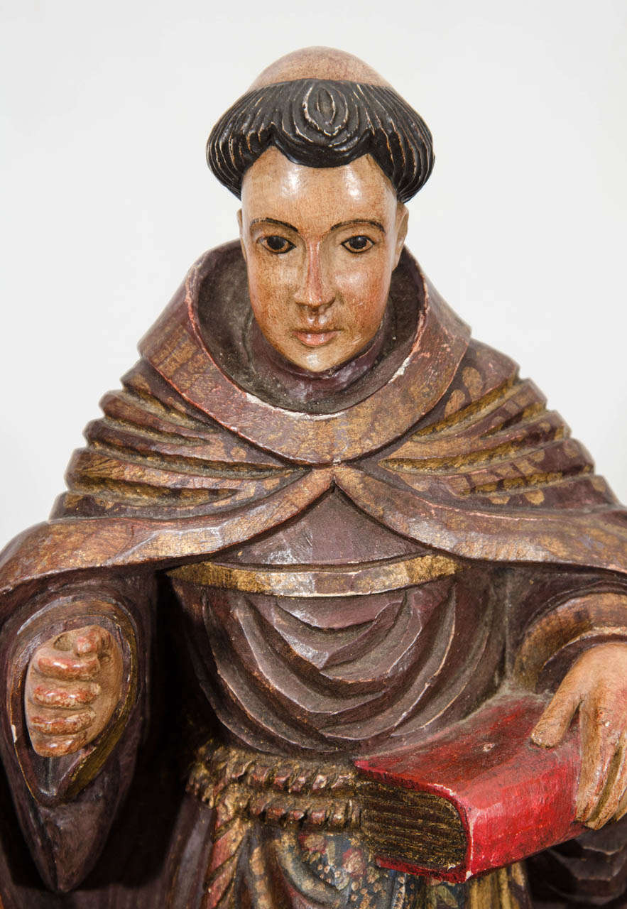 Antique Polychrome Carved Wood Monk Saint For Sale at 1stDibs