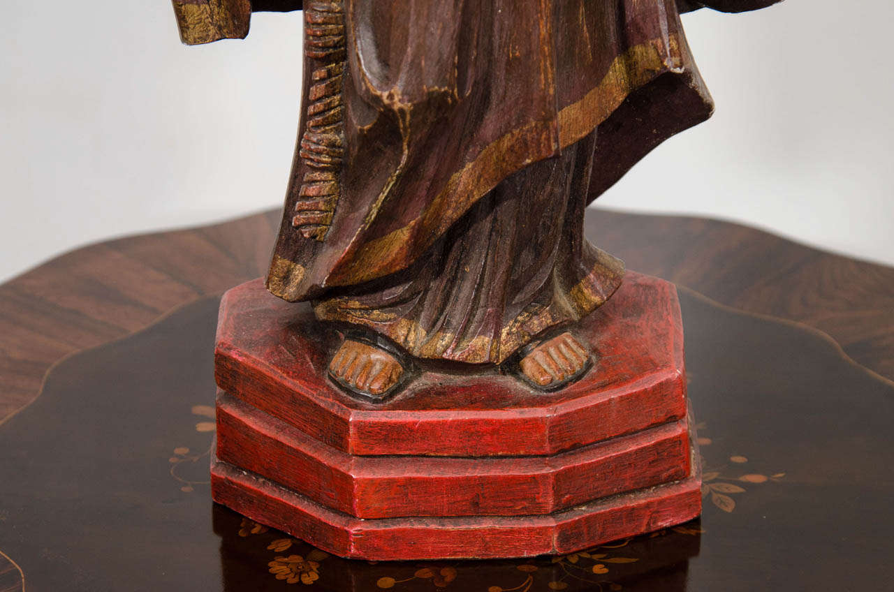 Antique Polychrome Carved Wood Monk Saint For Sale at 1stDibs