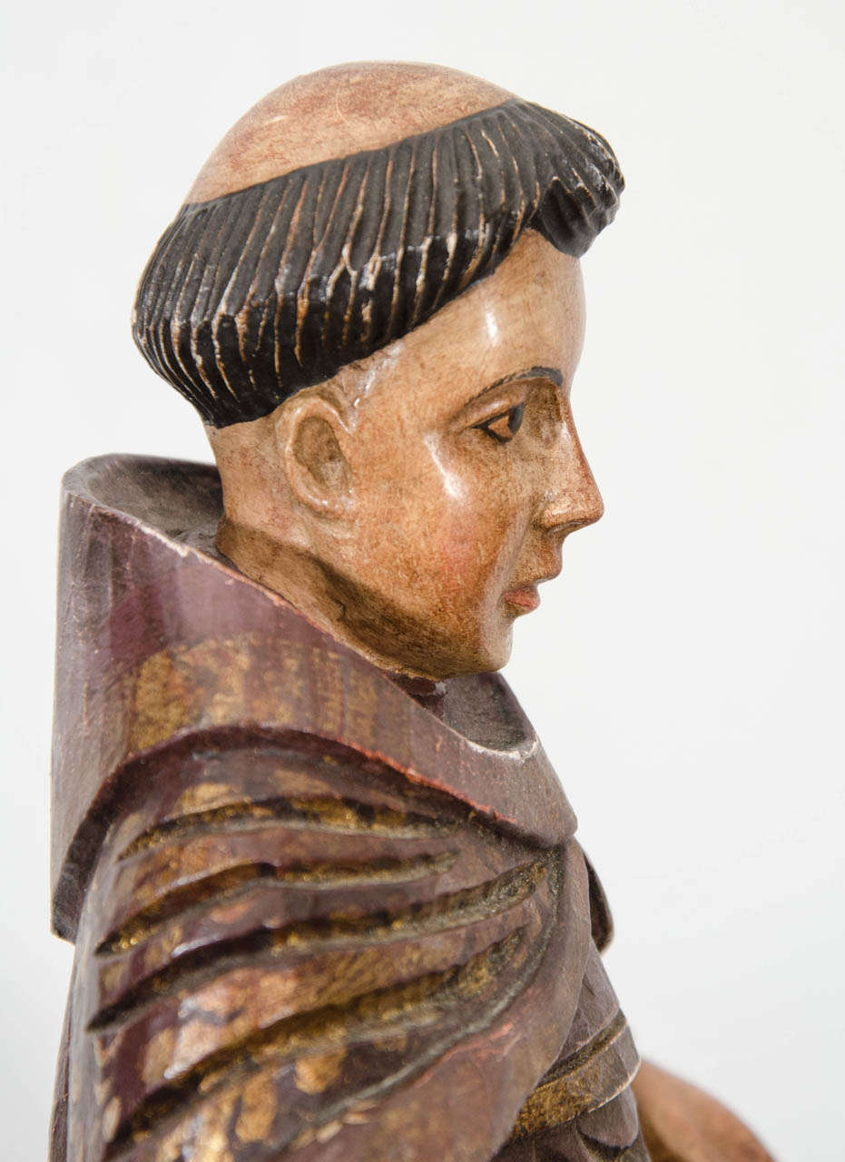 Antique Polychrome Carved Wood Monk Saint For Sale at 1stDibs