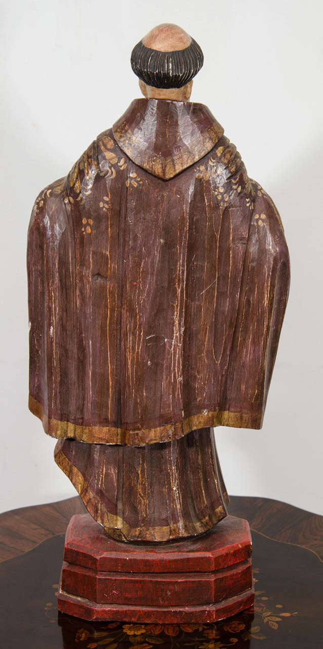 Antique Polychrome Carved Wood Monk Saint For Sale at 1stDibs