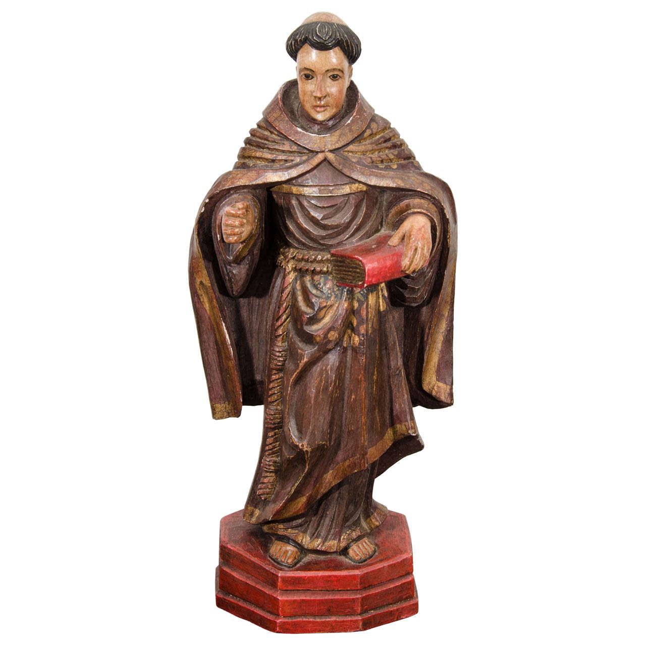 Antique Polychrome Carved Wood Monk Saint For Sale at 1stDibs