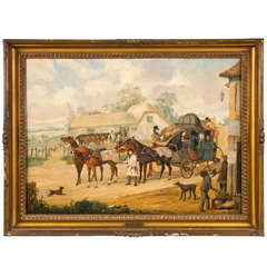 Antique 19th Century English Oil on Canvas Coach Scene