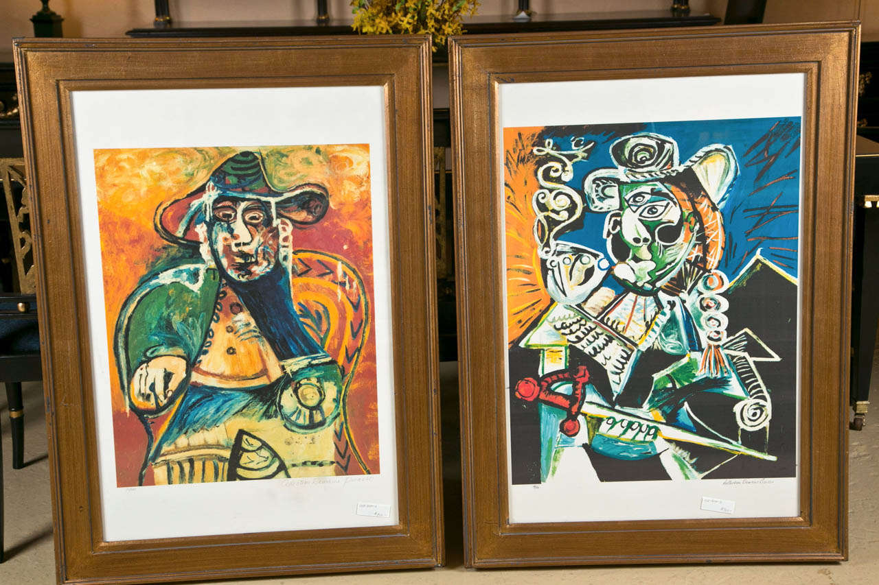 A fine pair of Pablo Picasso signed and numbered lithographs. Each with the Collection Domaine Picasso family signature as well as numbered 21 and 41 of a group of 500. One of a man and one of a woman. Both in wooden original frames with full bodied