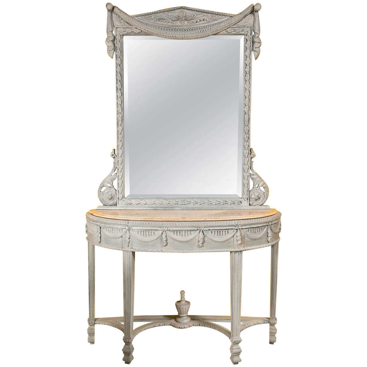 Swedish Style Paint Decorated Marble-Top Console with Mirror