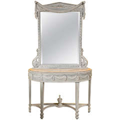 Retro Swedish Style Paint Decorated Marble-Top Console with Mirror